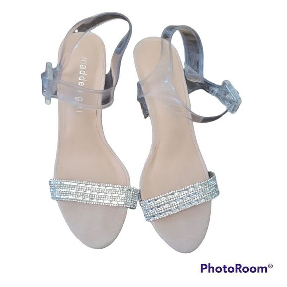 Steve Madden Lucite Clear Ankle Strap Block Heel Dress Sandals with Rhinestones - Picture 2 of 6